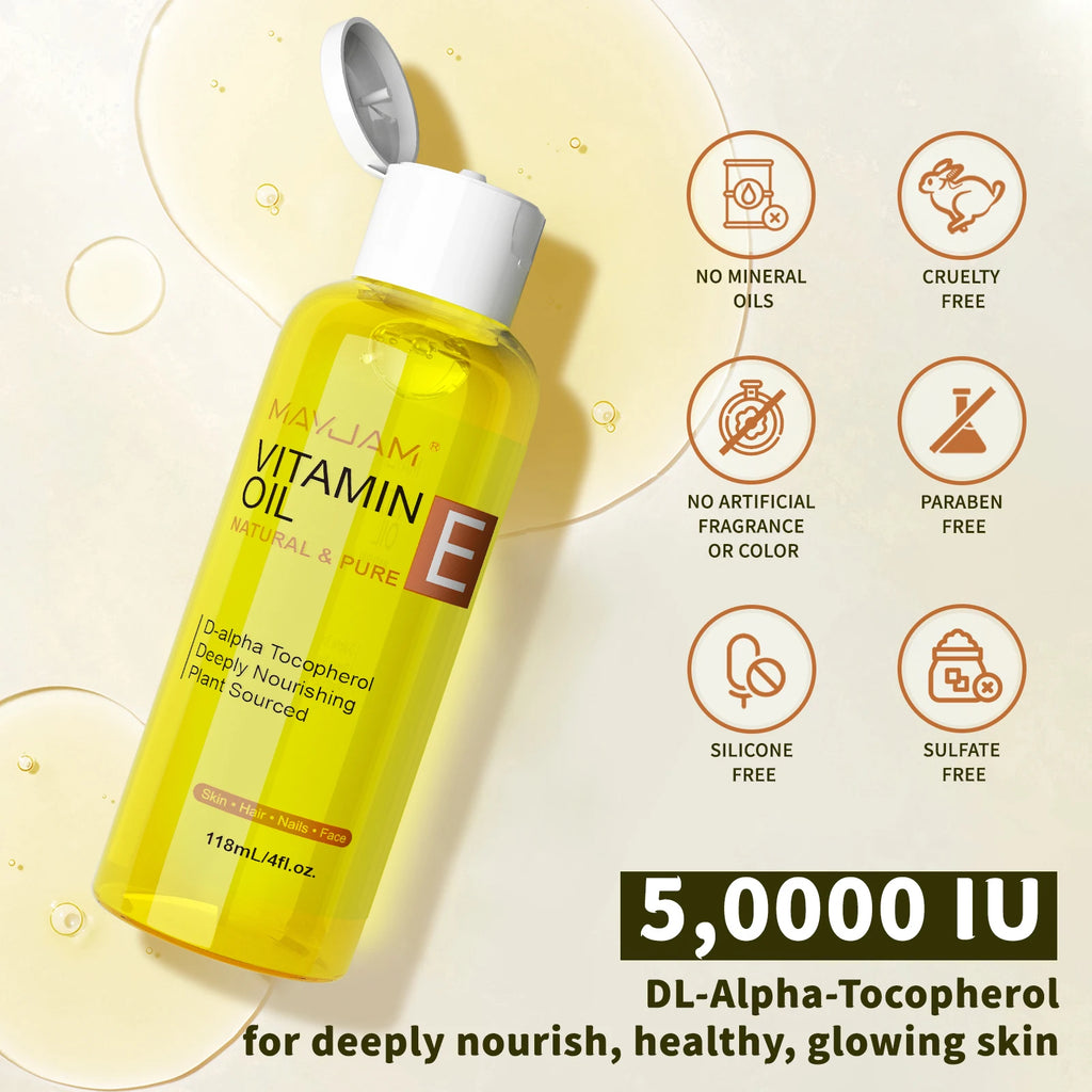 Yellow bottle of vitamin E oil with branding and product details on a light yellow background