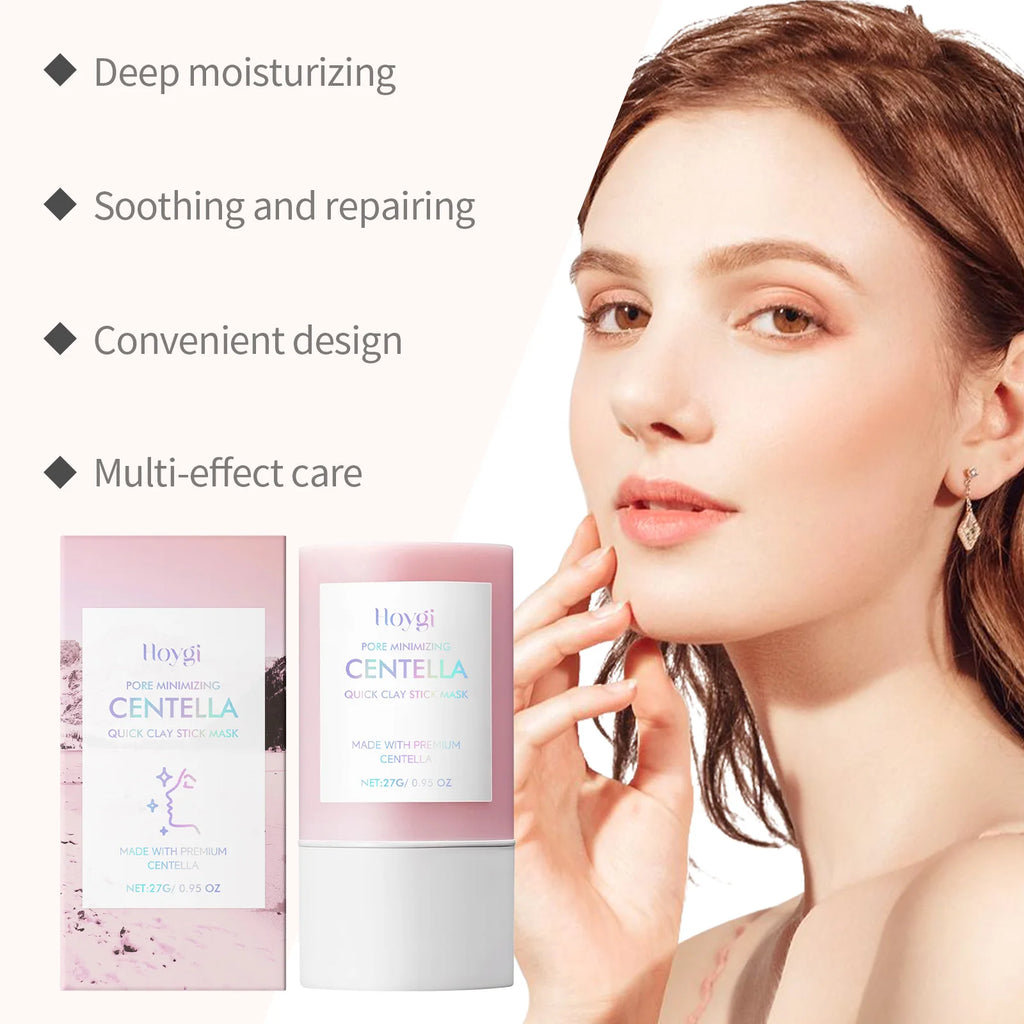 Cosmetic product packaging with a woman touching her face, featuring text on deep moisturizing and multi-effect care.