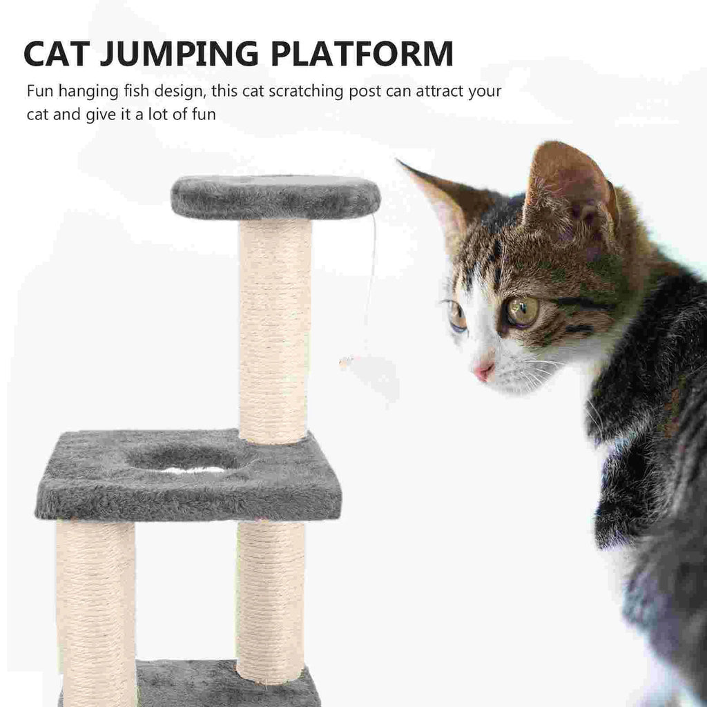 Cat jumping platform with a cat looking at it on a white background