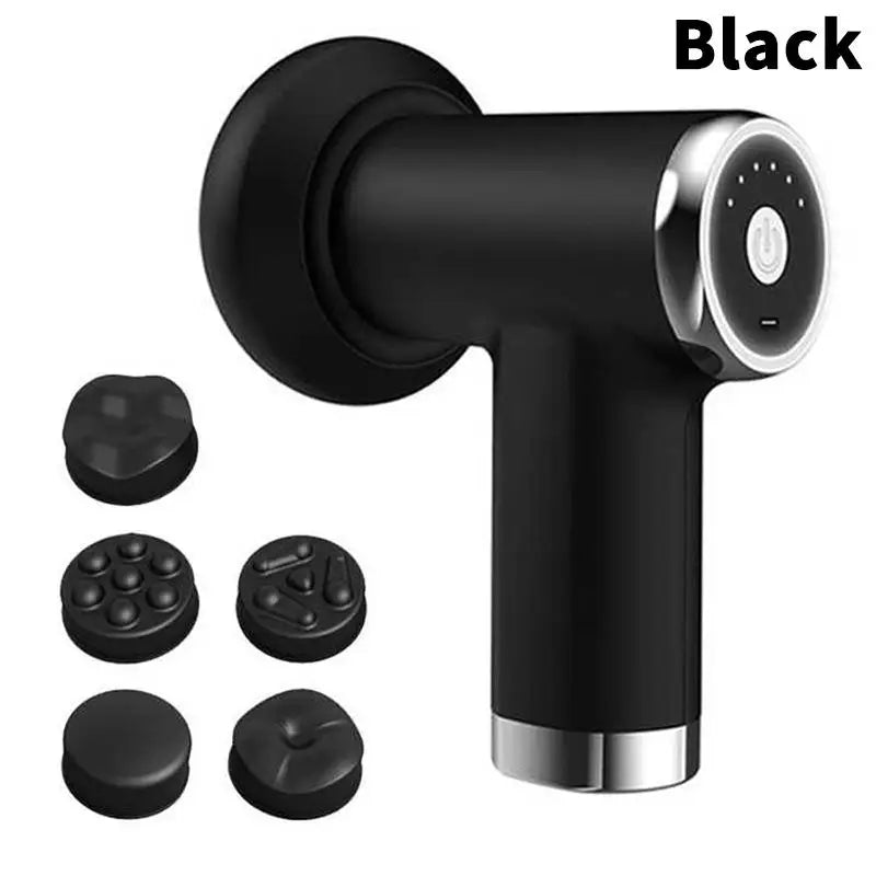 Black handheld massage gun with a circular head and five interchangeable massage attachments, shown on a white background with the word 'Black' in the top right corner.