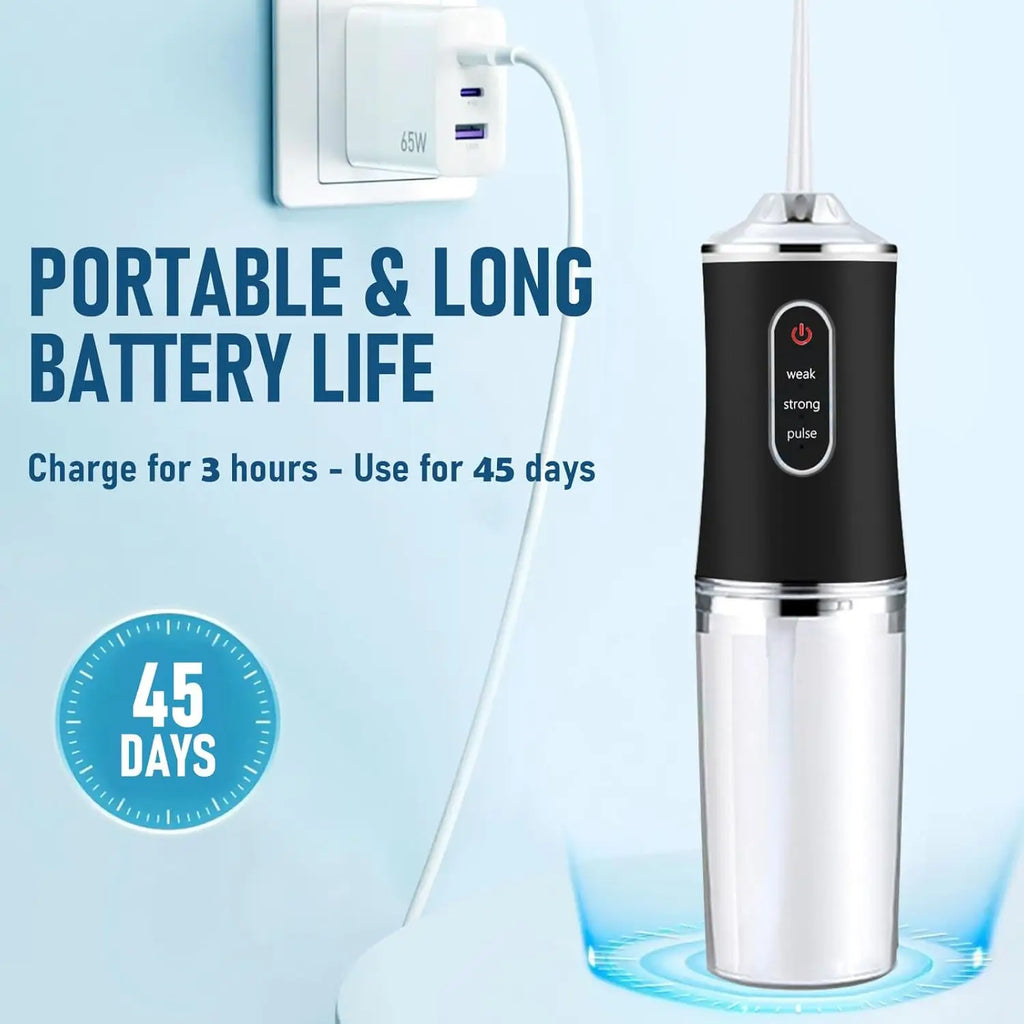 Portable device with charging cable and text about battery life on a light blue background