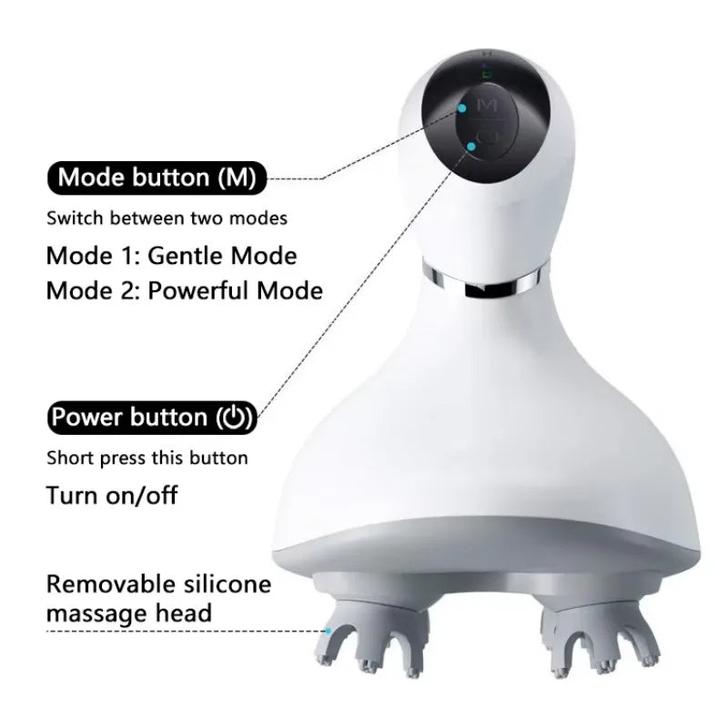 White and gray electric neck and shoulder massager with labeled buttons and text pointing out the mode button and power button, on a white background with promotional banner.