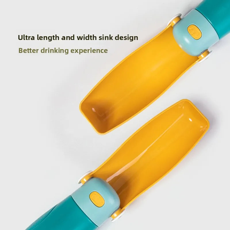 Yellow and teal pet water bottle with text on a white background