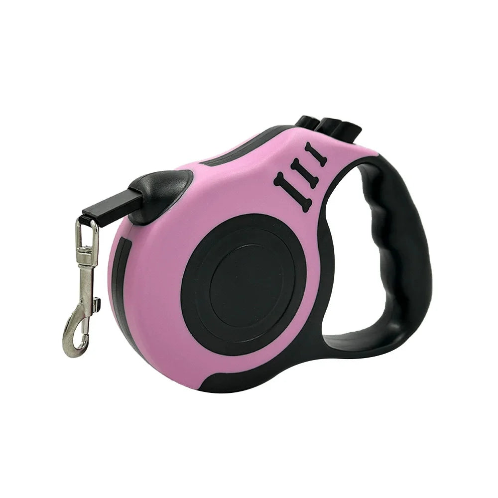 Pink and black retractable dog leash on a white background