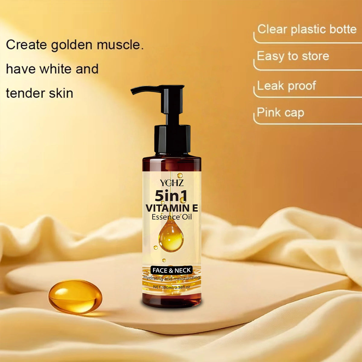 Yohz 5in1 Vitamin E Essence Oil bottle with text on a beige background