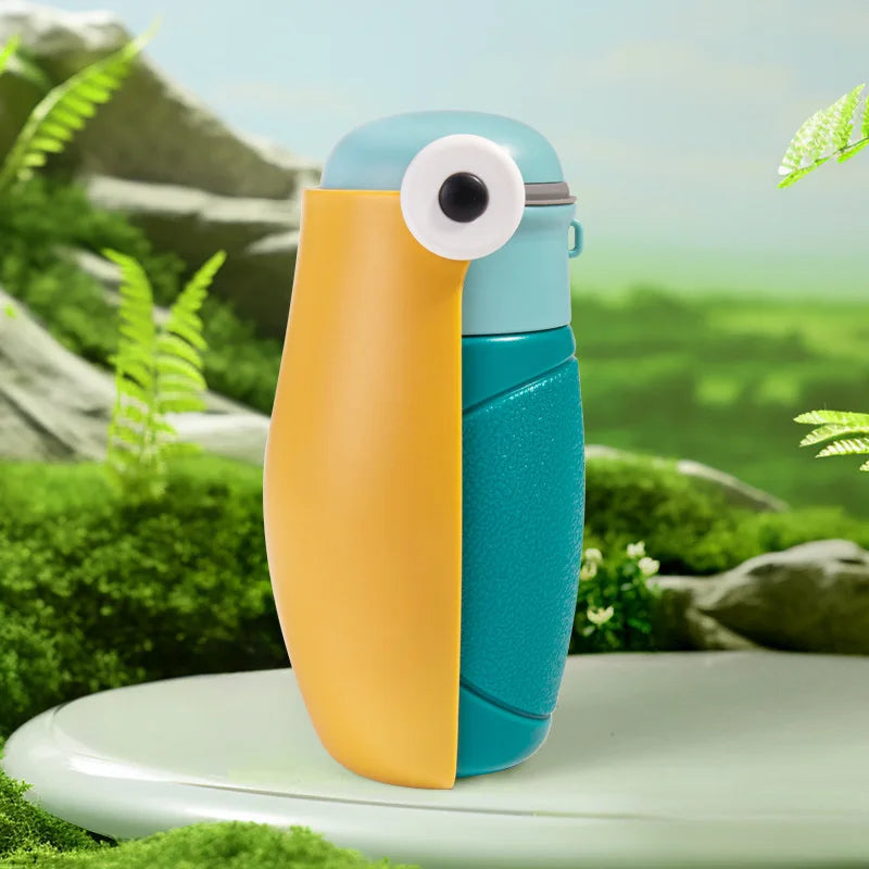 Colorful thermos with a cartoonish design on a natural background