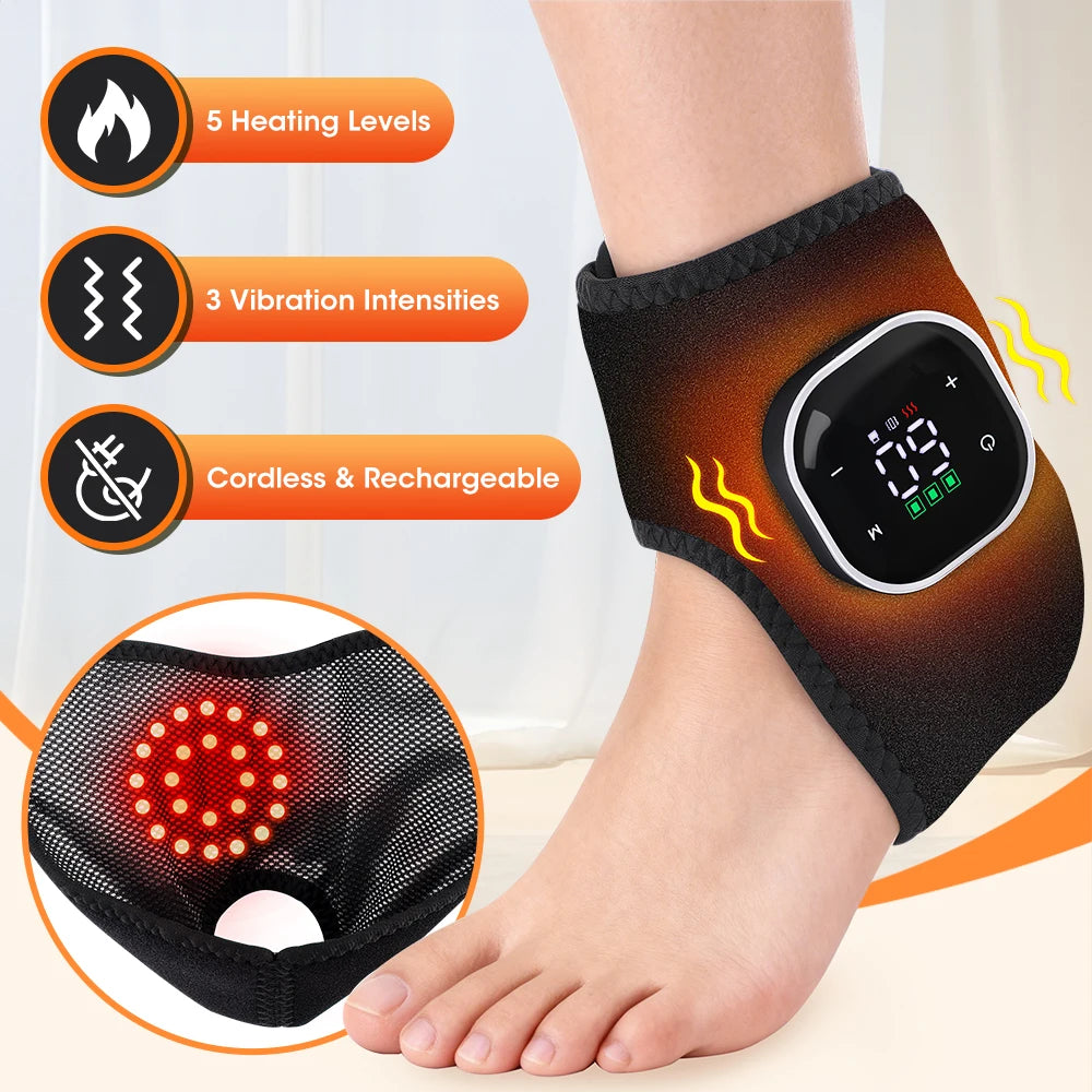Electronic foot warmer with digital display on a foot, showing heating levels and vibration intensities.