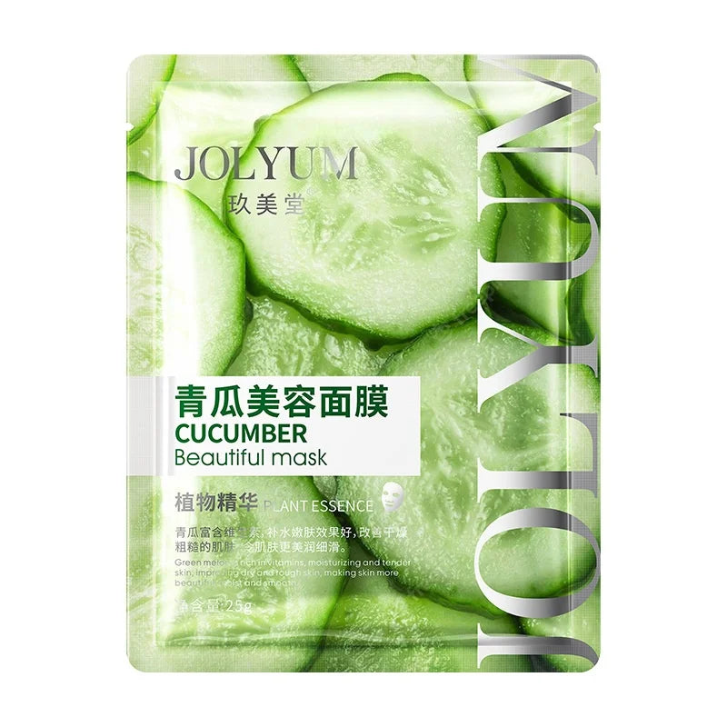 JOLYUM cucumber facial mask packaging with green cucumbers on a white background