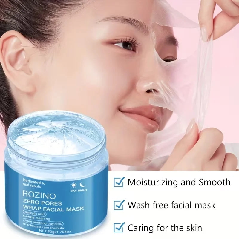 ROZINO Zero Pores Wrap Facial Mask jar shown next to a woman peeling a transparent sheet mask from her face, with text listing benefits: moisturizing and smooth, wash free facial mask, caring for the skin.