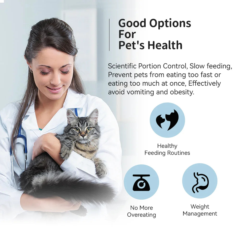 A veterinary nurse in a white coat holds a gray tabby cat while promotional text reads 'Good Options For Pet's Health' with icons for healthy feeding routines, no more overeating, and weight management.