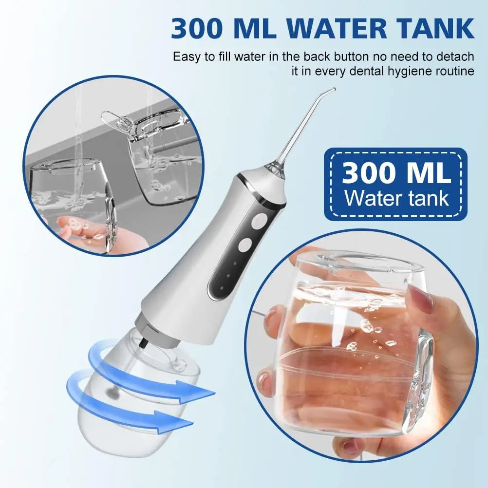 Dental water flosser with 300 ML water tank feature, shown with close-ups of water flow and water tank capacity.