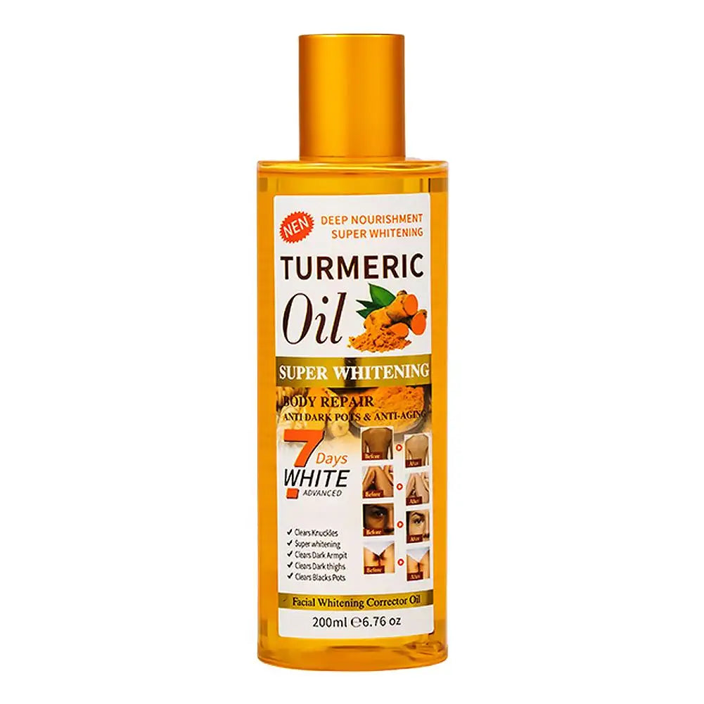 Turmeric oil bottle with gold cap and label on a white background