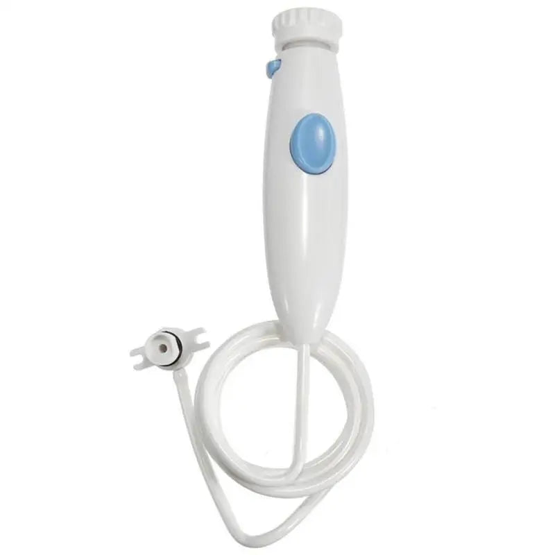 White handheld device with a blue button on a white background