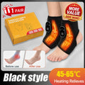 A pair of black ankle heating pads shown worn on feet, with glowing orange bone graphics and digital temperature displays. A yellow product box labeled 'Cordless Ankle Heating Pad' is shown beside them, along with before/after use insets and promotional badges reading '1 Pair', 'More Value', and '45-65°C Heating Relieves'.