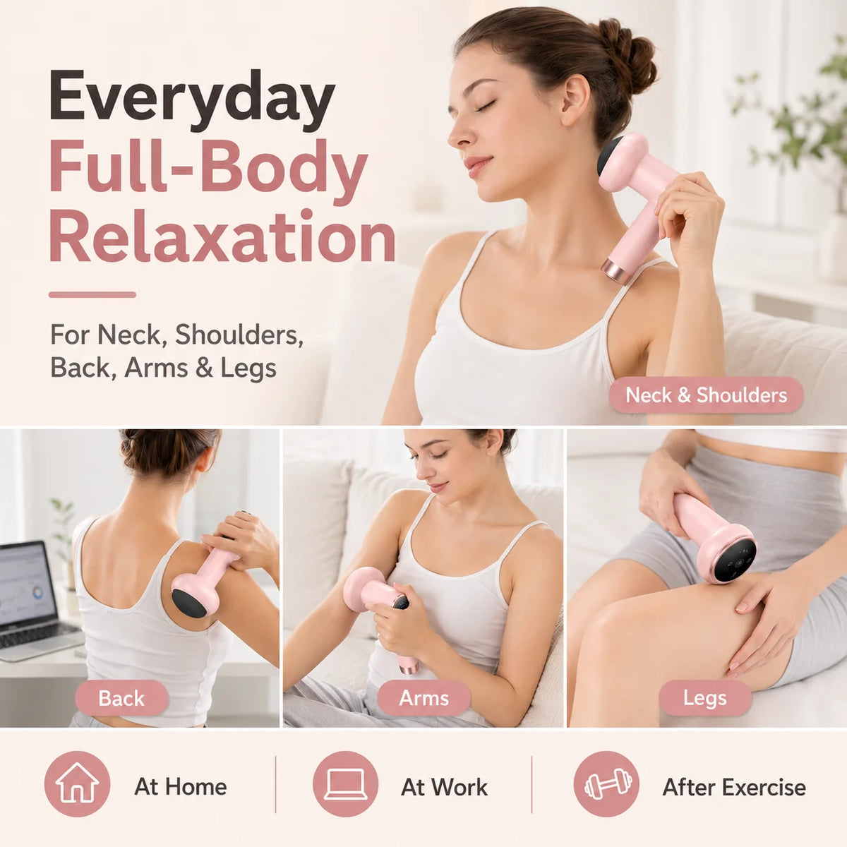 Promotional graphic for a pink handheld massage gun showing a woman using it on her neck, shoulders, back, arms, and legs in a home setting. Large text reads 'Everyday Full-Body Relaxation' with smaller text listing body areas and use scenarios.