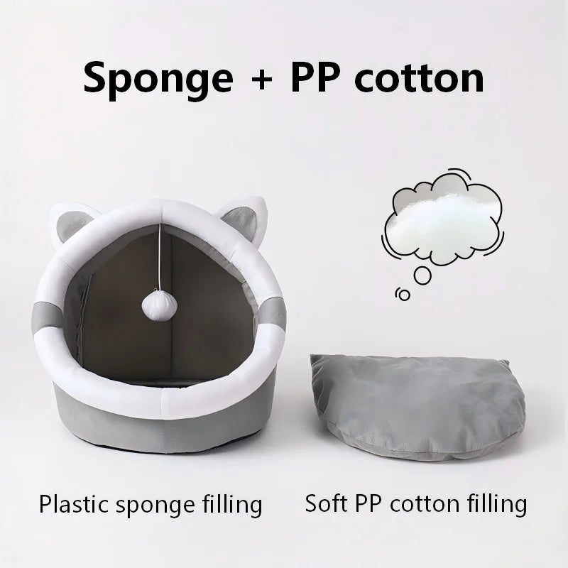 Cat-shaped pet bed with text indicating sponge and PP cotton filling on a white background