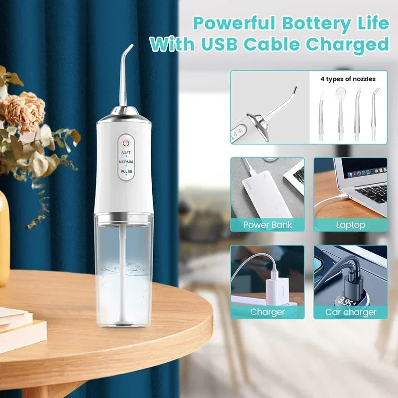 White water flosser on a wooden table with charging options displayed.