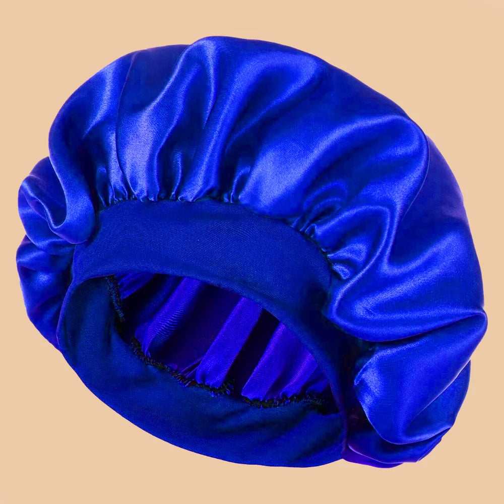 Blue satin bonnet on a beige background