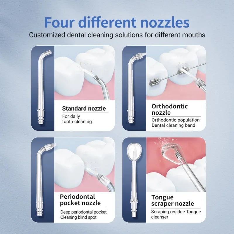 Four different nozzles for dental cleaning solutions on a blue background