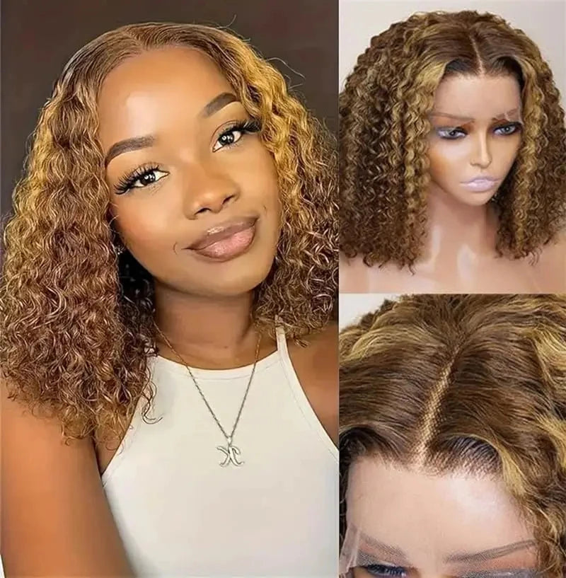 Collage of a woman with styled hair and close-up views on a plain background