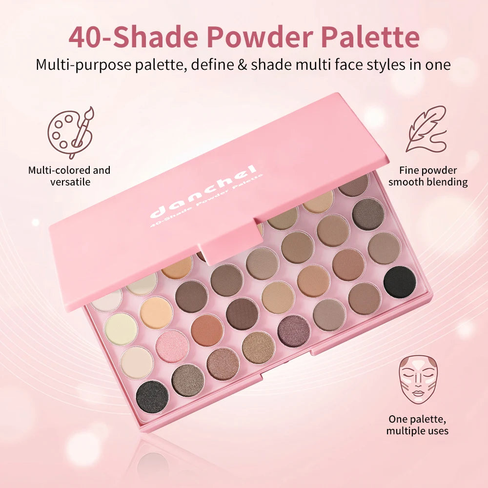 40-shade powder palette with pink case on a light pink background