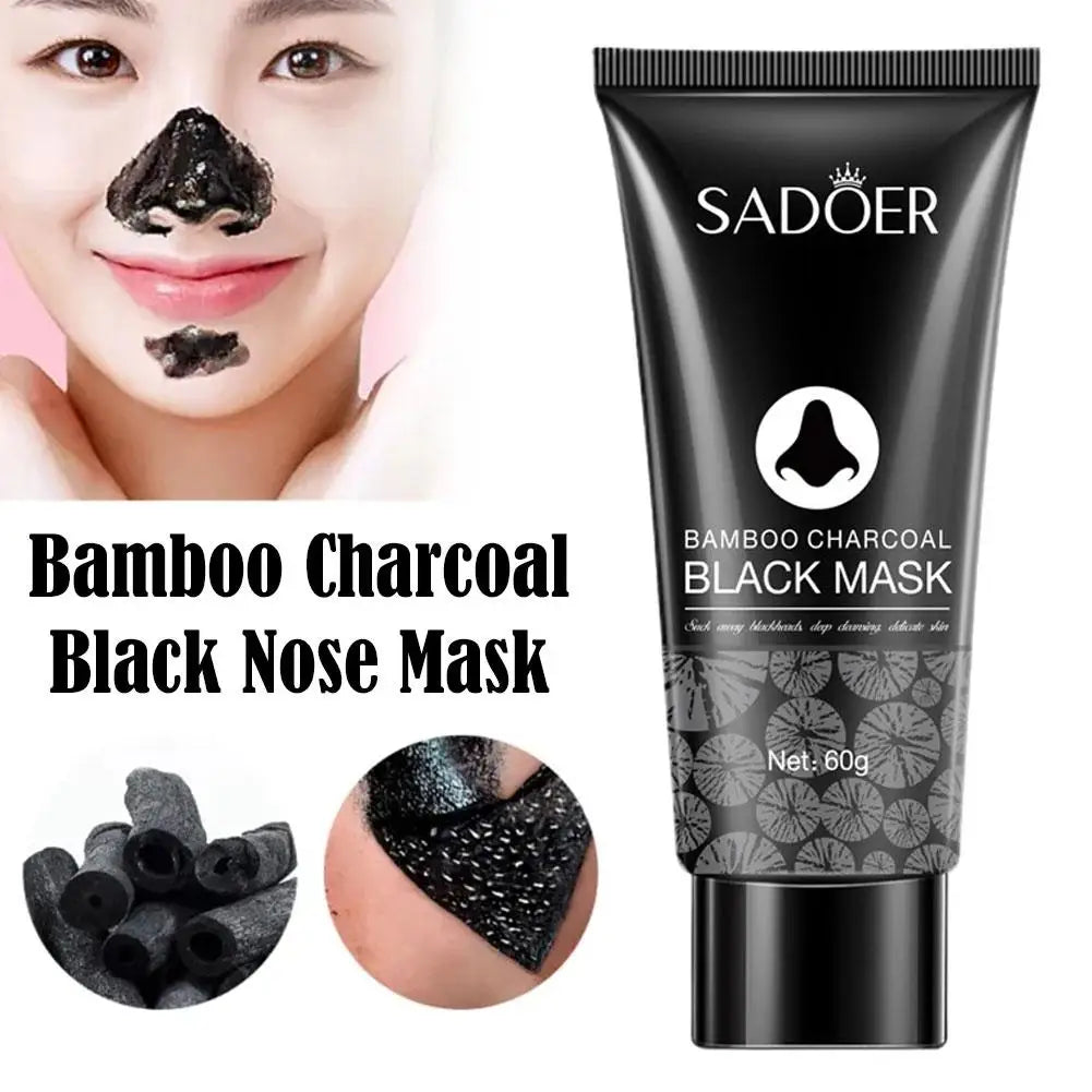 Sadoer Bamboo Charcoal Black Nose Mask packaging with a close-up of the mask on a person's nose.