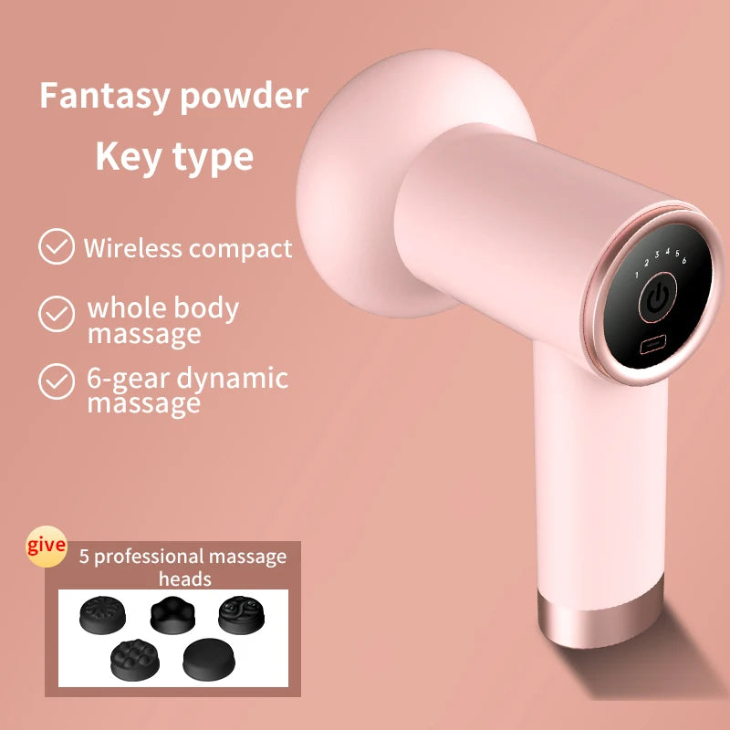 Pink handheld massage device with features listed on a pink background