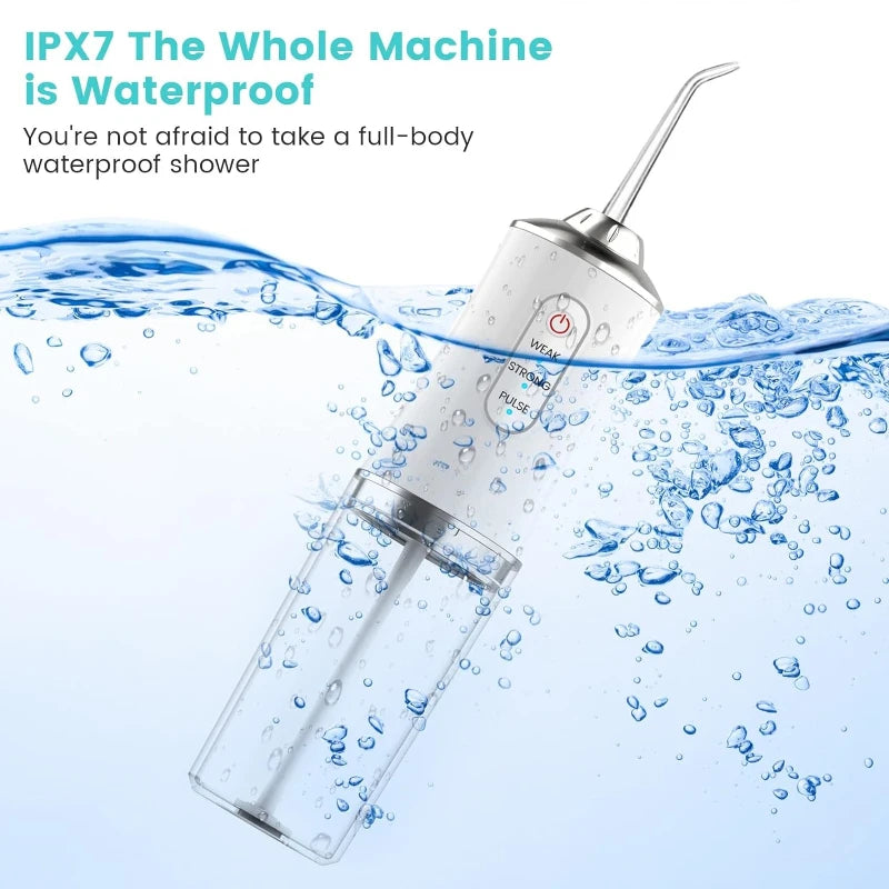 Waterproof dental water flosser with water splashes on a white background