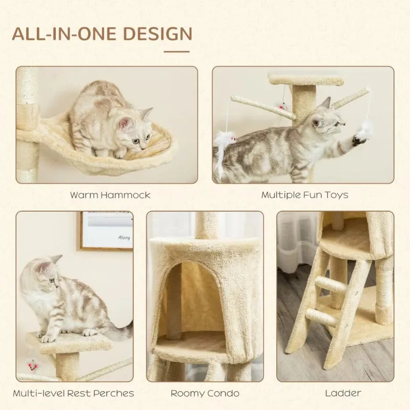 Cat play structure with various features including a hammock, toys, perches, and a ladder.
