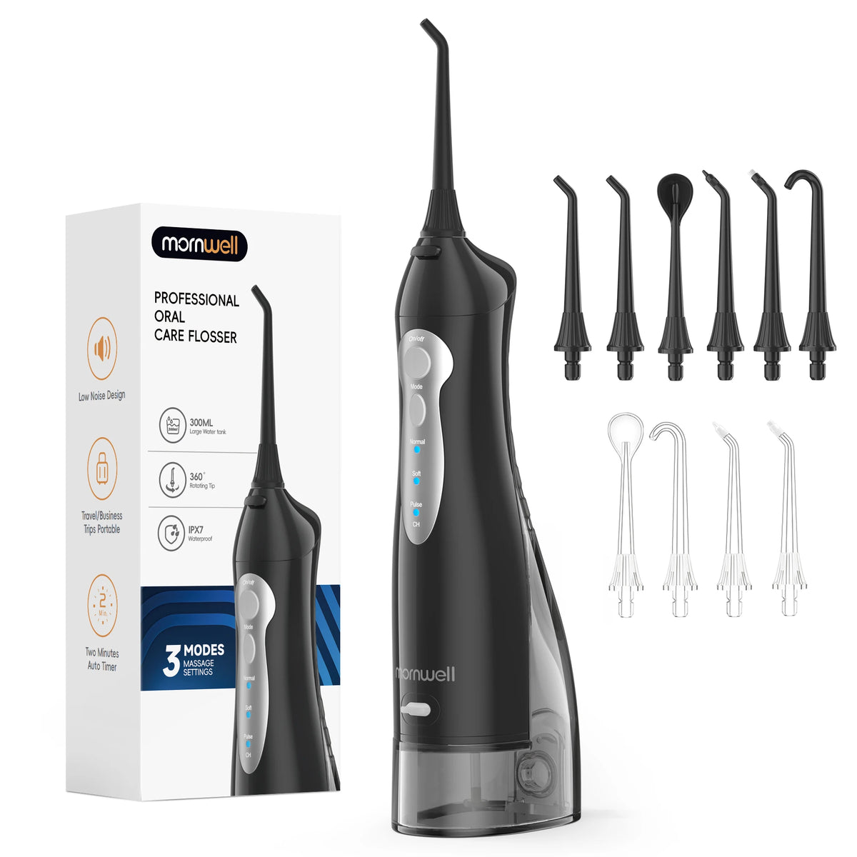 Black dental flosser with packaging and additional nozzles on a white background