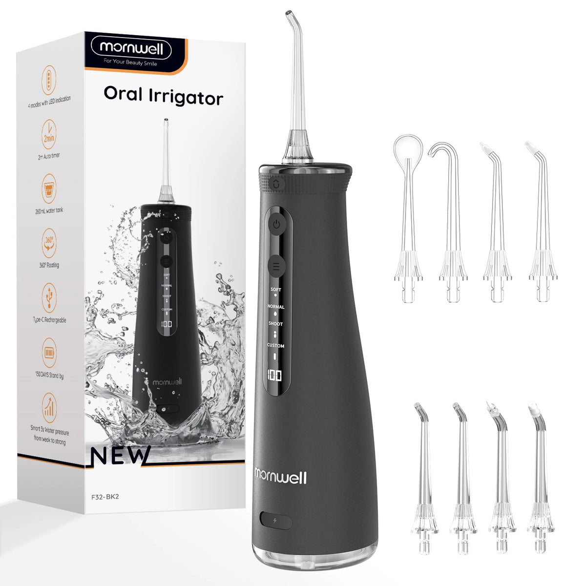Black oral irrigator with packaging and additional nozzles on a white background