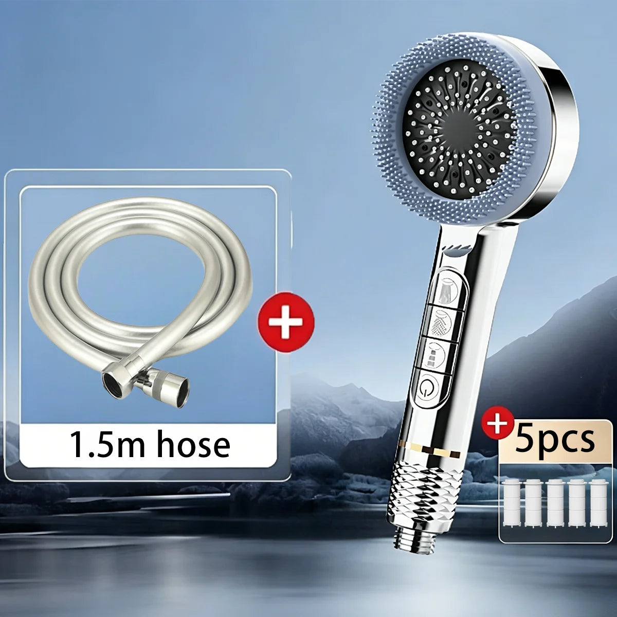 A handheld shower head with a metallic chrome finish is shown alongside a 1.5m hose and five replacement nozzles.