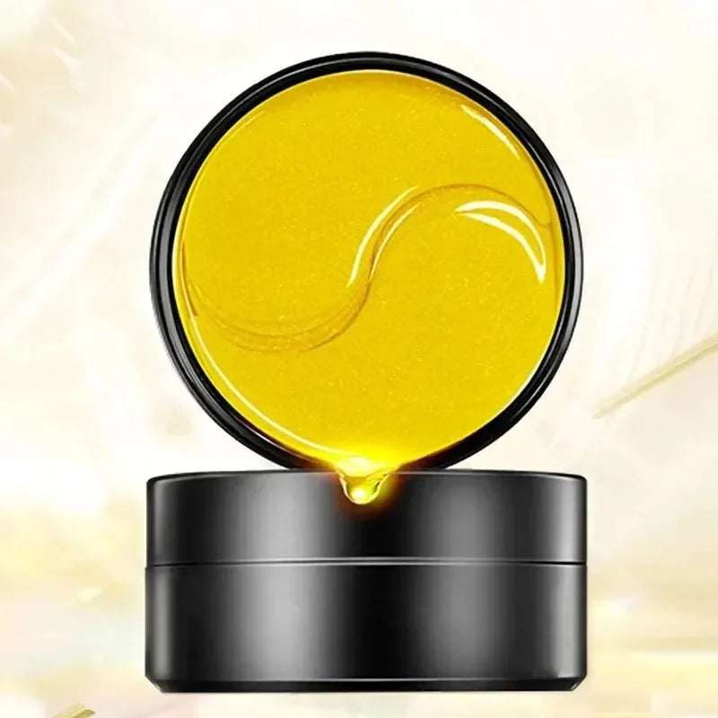 Black container with yellow gel-like substance on a beige background