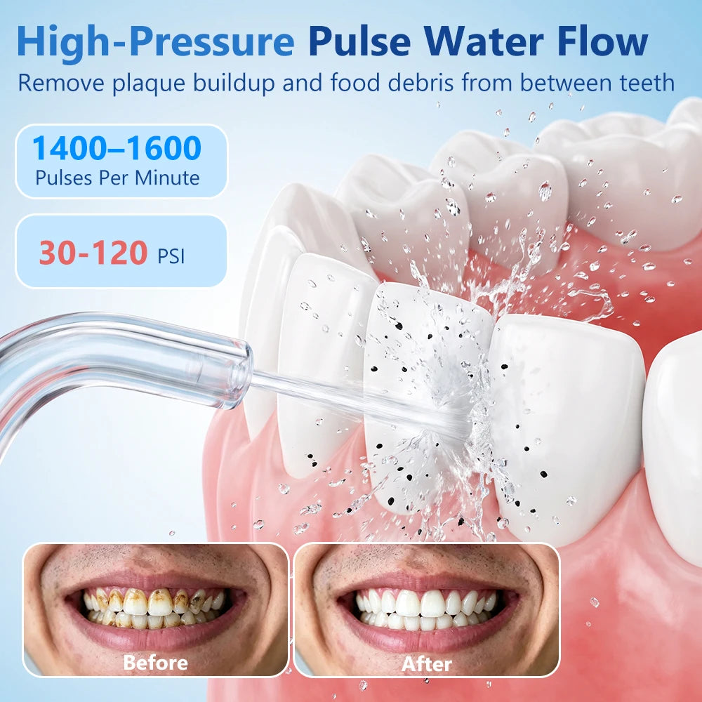 Promotional graphic for a high-pressure pulse water flosser, showing water being sprayed onto white teeth with splashing droplets and a before/after mouth comparison at the bottom. Text highlights 1400-1600 pulses per minute and 30-120 PSI.