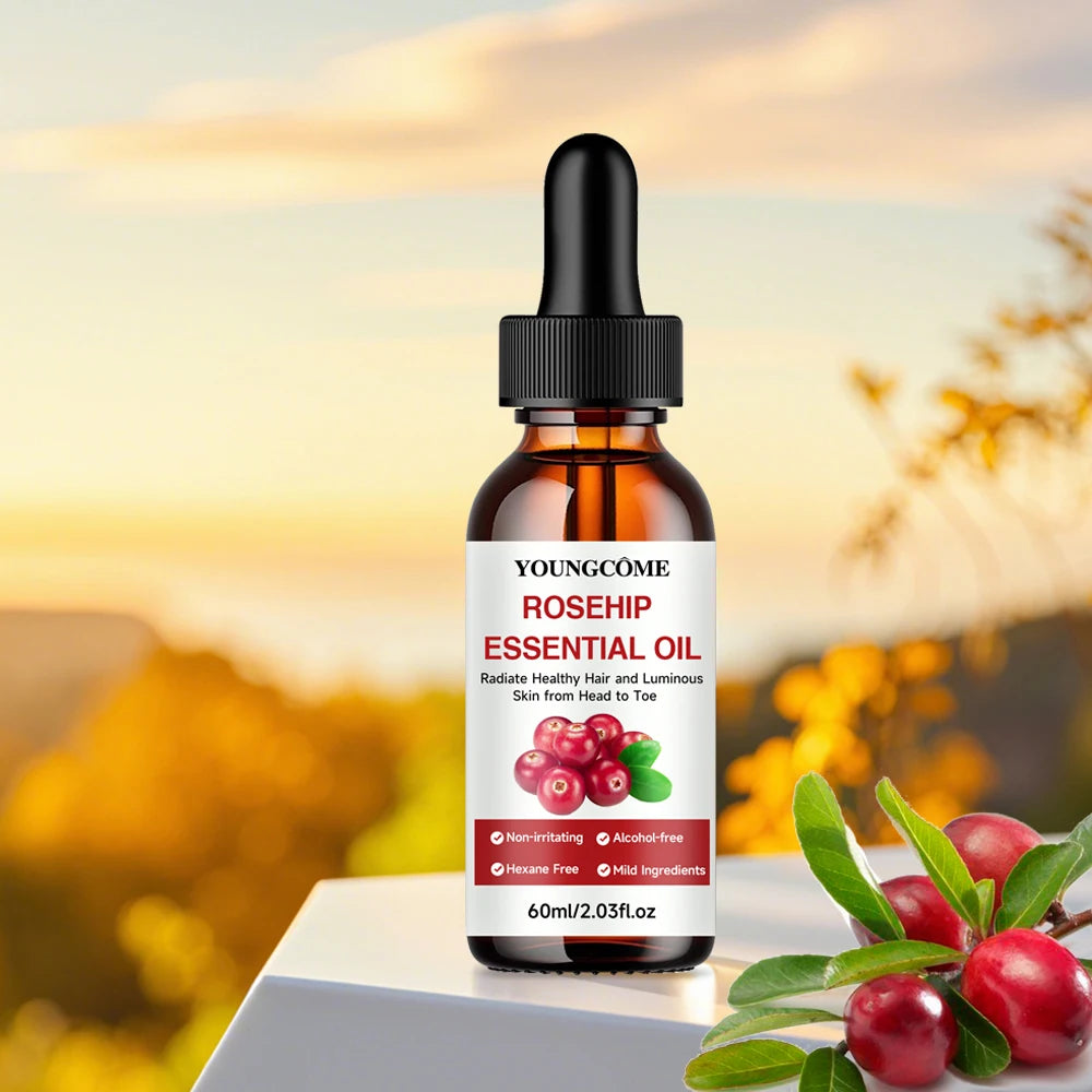Bottle of Youngcome Rosehip Essential Oil with a blurred natural background