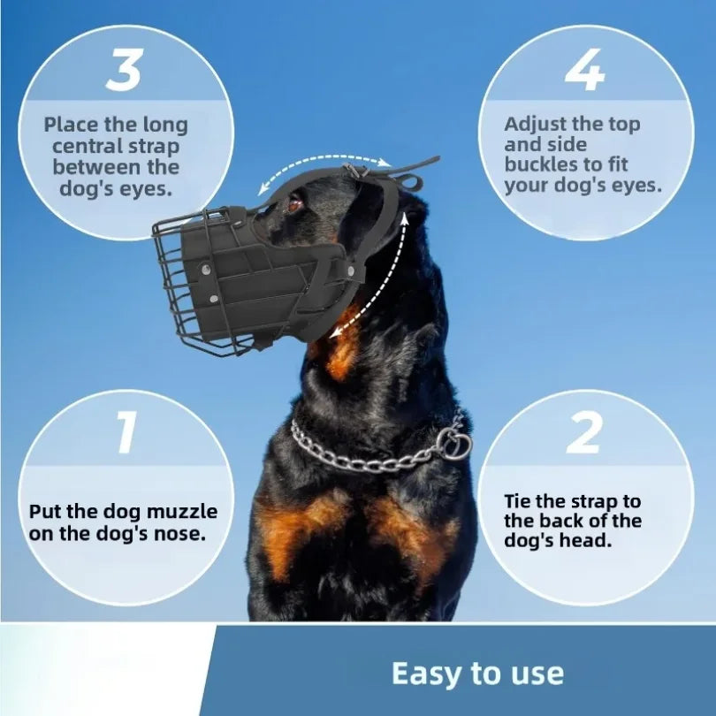 Dog wearing a muzzle with step-by-step instructions on how to use it against a blue background.
