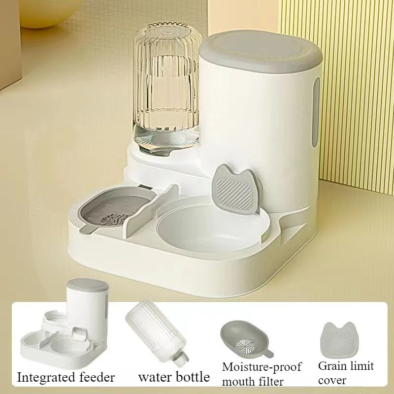 Pet feeding and water station with integrated feeder, water bottle, moisture-proof mouth filter, and grain limit cover on a beige surface.
