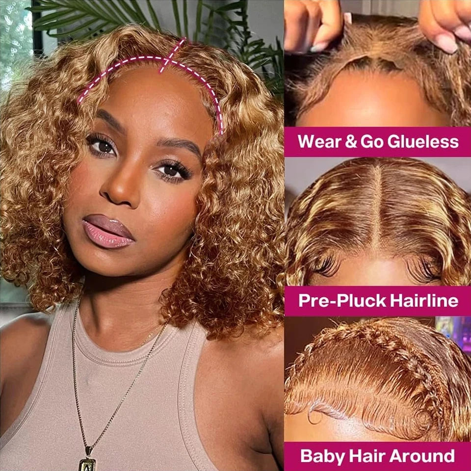 A collage showing a woman wearing a curly wig, with three inset close-up views highlighting the hairline, glueless weave, and baby hair around the perimeter. Text labels read 'Wear & Go Glueless,' 'Pre-Pluck Hairline,' and 'Baby Hair Around.