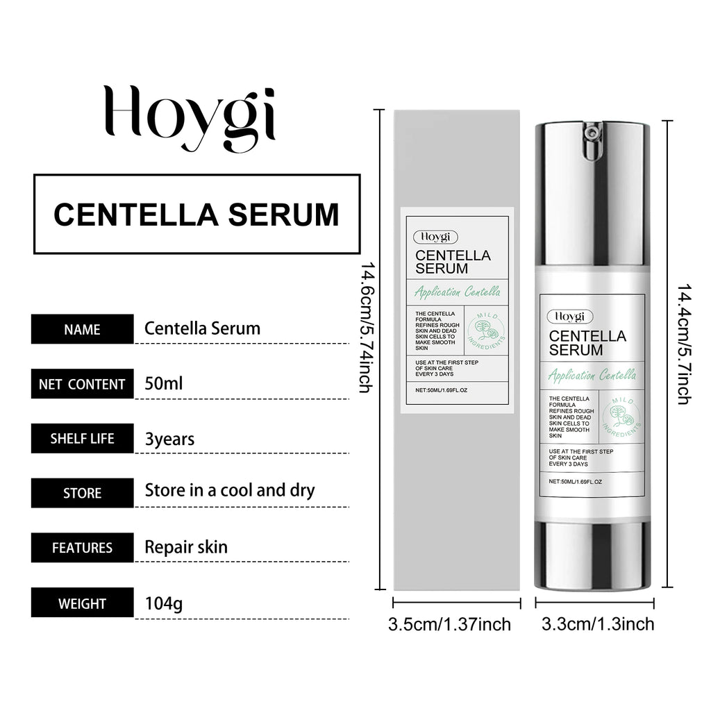 Hoygi Centella Serum packaging with dimensions and product details on a white background