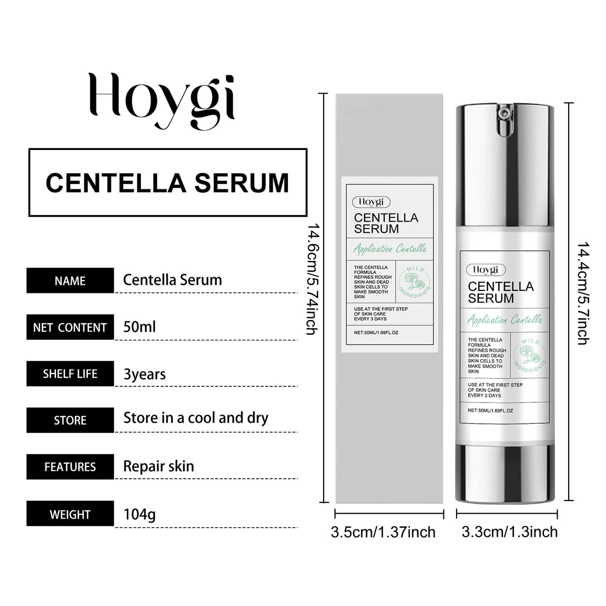 Hoygi Centella Serum packaging with dimensions and product details on a white background