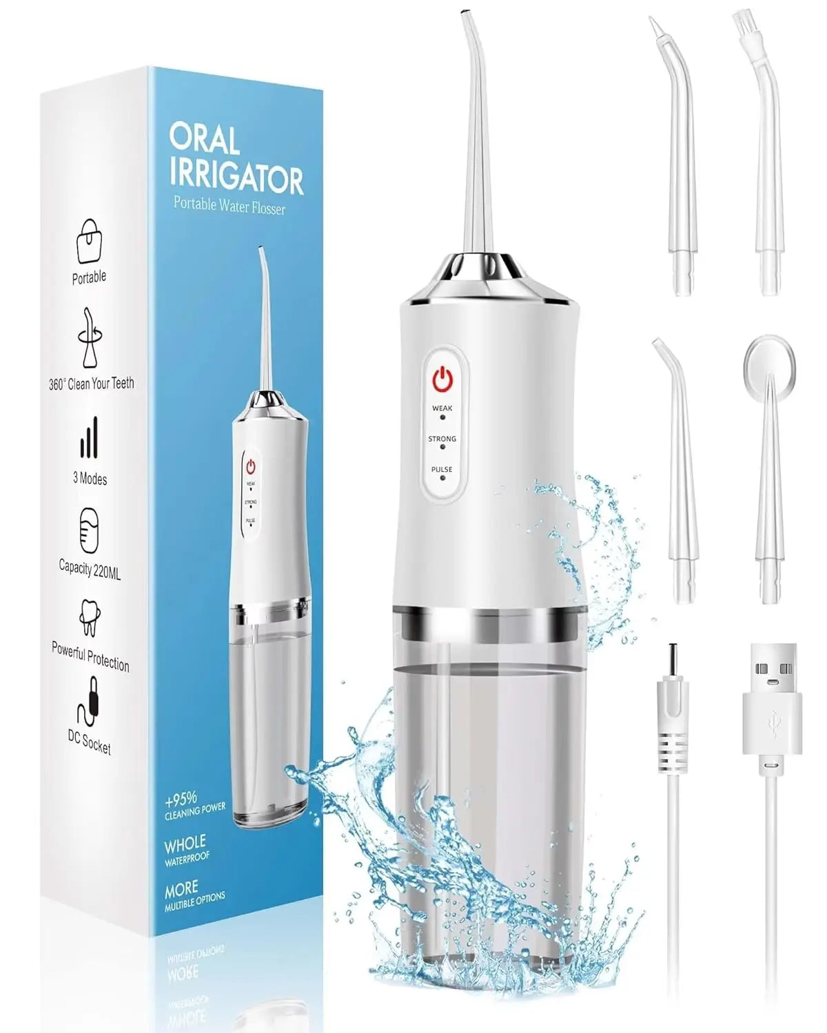 Oral irrigator with packaging, multiple nozzles, and water stream illustration on a white background.