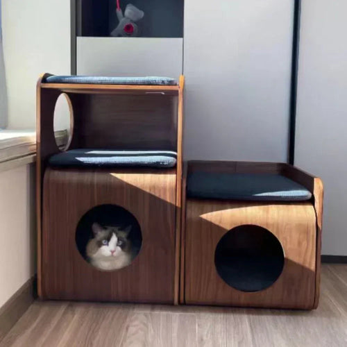 2-in-1 Wooden Cat House Side Table – Curved Bedside Nightstand & Indoor Pet Condo with Cushion