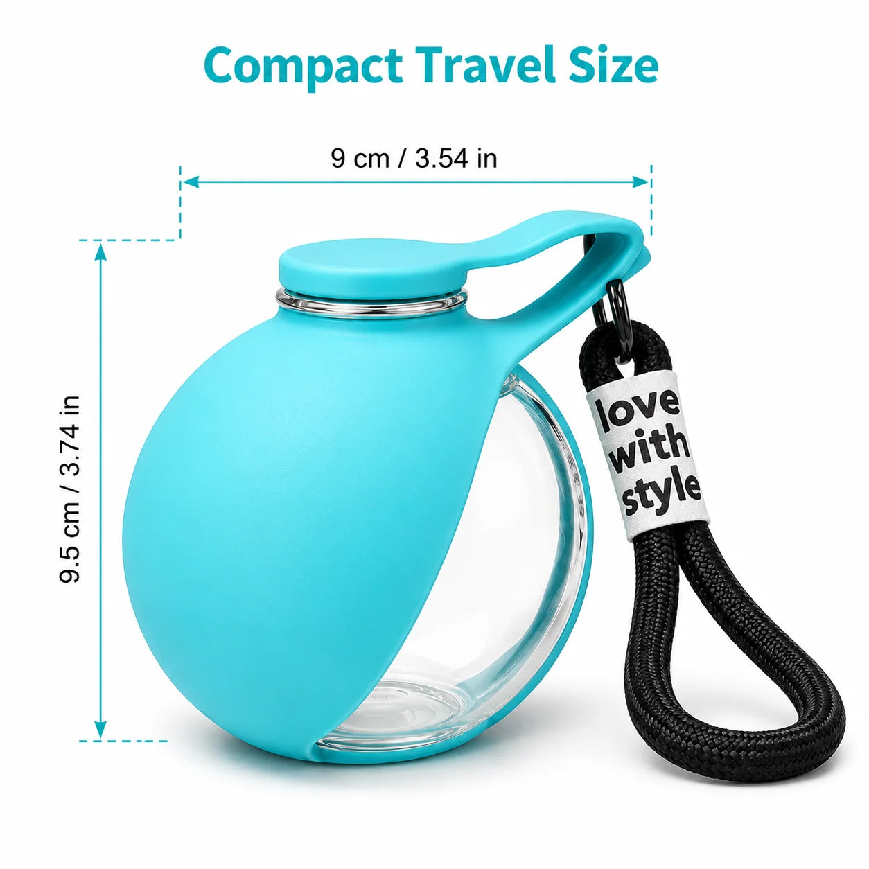A turquoise compact travel water bottle with a clear glass body, shown with dimension lines indicating 9 cm by 9.5 cm measurements and the text 'Compact Travel Size' on a white background.