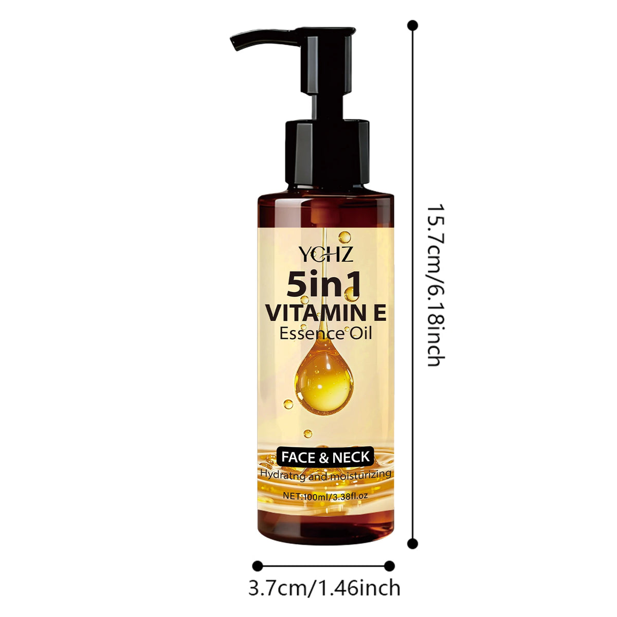 YCHZ 5in1 Vitamin E Essence Oil bottle with dimensions on a white background