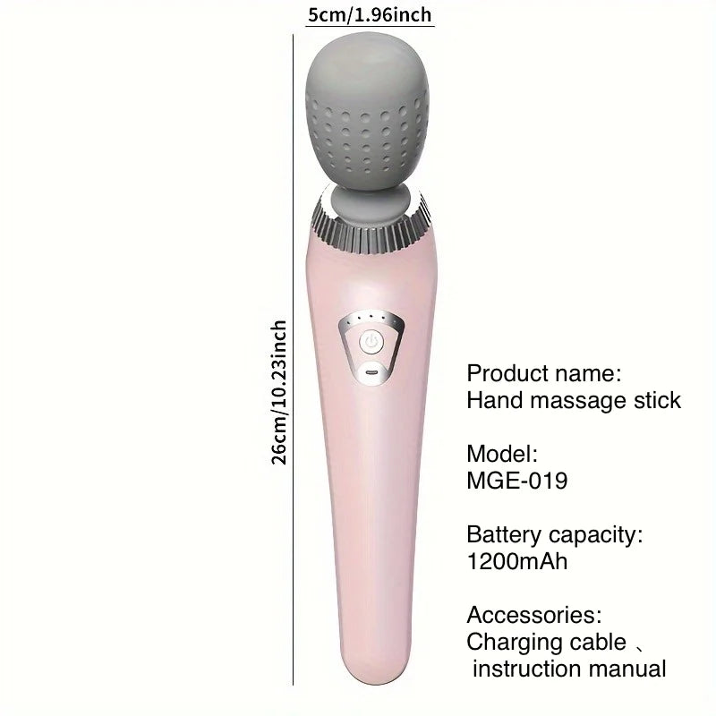 Hand massage stick with dimensions and product details on a white background