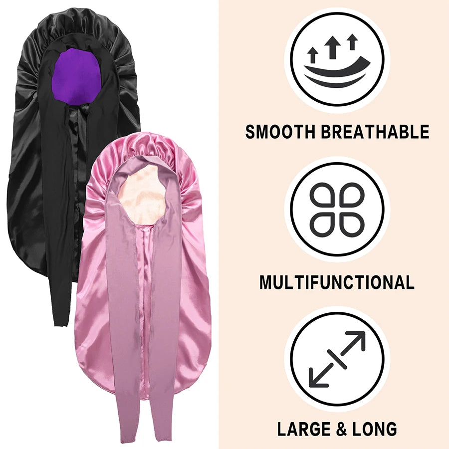 Black and pink satin hair bonnets with icons and text on a beige background