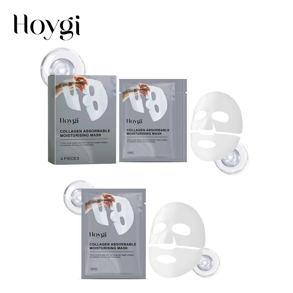 Hoygi collagen absorbable moisturizing mask packaging with masks on a white background