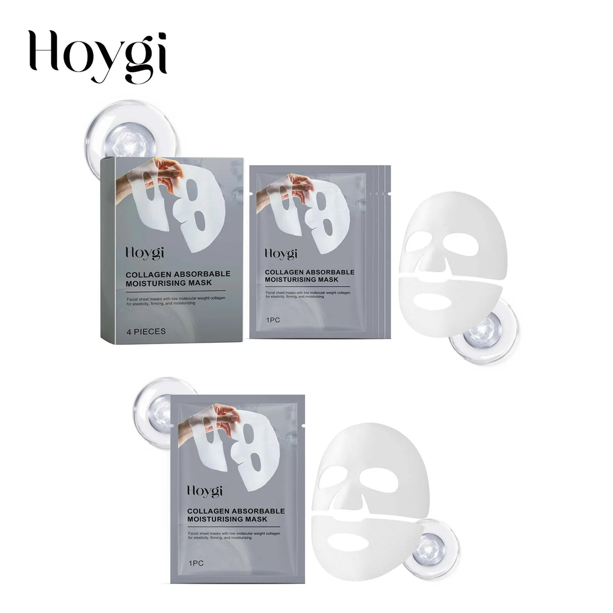Hoygi collagen absorbable moisturizing mask packaging with masks on a white background