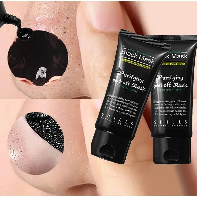 Black mask packaging with a close-up of a blackhead removal process on skin.