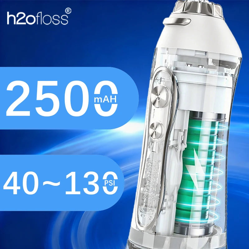 h2ofloss dental flosser with specifications on a blue background
